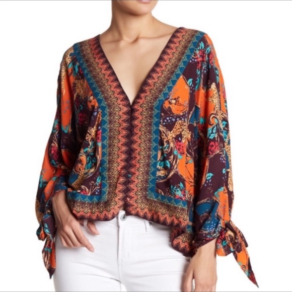 Free People Catch Me If You Can Top Blouse Purple Floral Tie Cuffs Cropped Small - Picture 3 of 15